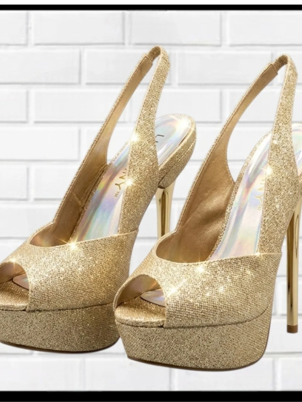 *LILIANA Gold Glitter Platform Slingback Stiletto Heels | Size 7